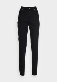Schwarze hoch taillierte Jeans aus Denim, mit klassischem 5-Taschen-Design, Knopfverschluss vorne und schmal zulaufenden Beinen. Glatte Oberfläche.