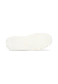 Semelle de sneaker en caoutchouc blanc avec un motif en chevrons, au design plat et à la texture lisse. Comprend un logo imprimé en couleur claire sur la semelle.