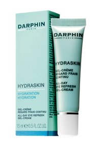 Hydrerande gelkräm i en turkos tub med silverdetaljer, förpackad i en matchande låda. Innehåller 15 ml av produkten.