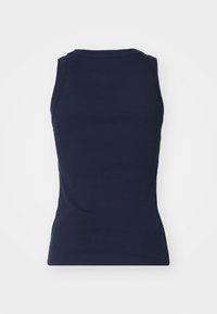 Marineblå ermeles topp laget av ribbet stoff, med en tettsittende design, rund hals og glatt tekstur uten ekstra dekorasjoner.