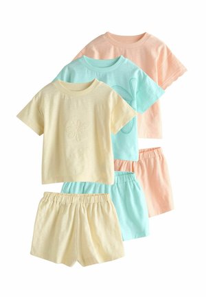 Three sets of children's short-sleeve tops and elastic waistband shorts in pastel yellow, blue, and peach, each top with subtle floral embroidery.