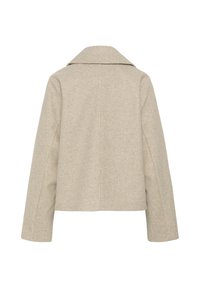 Manteau en laine beige à manches longues et col, vu de dos, sur fond blanc uni.