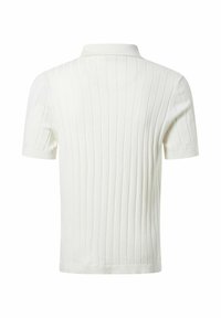 Kurzarm-Poloshirt, gerippte Strickstruktur, schmutzig-weiße Farbe, klassischer Kragen, normale Passform, klare Linien. Rückansicht abgebildet.