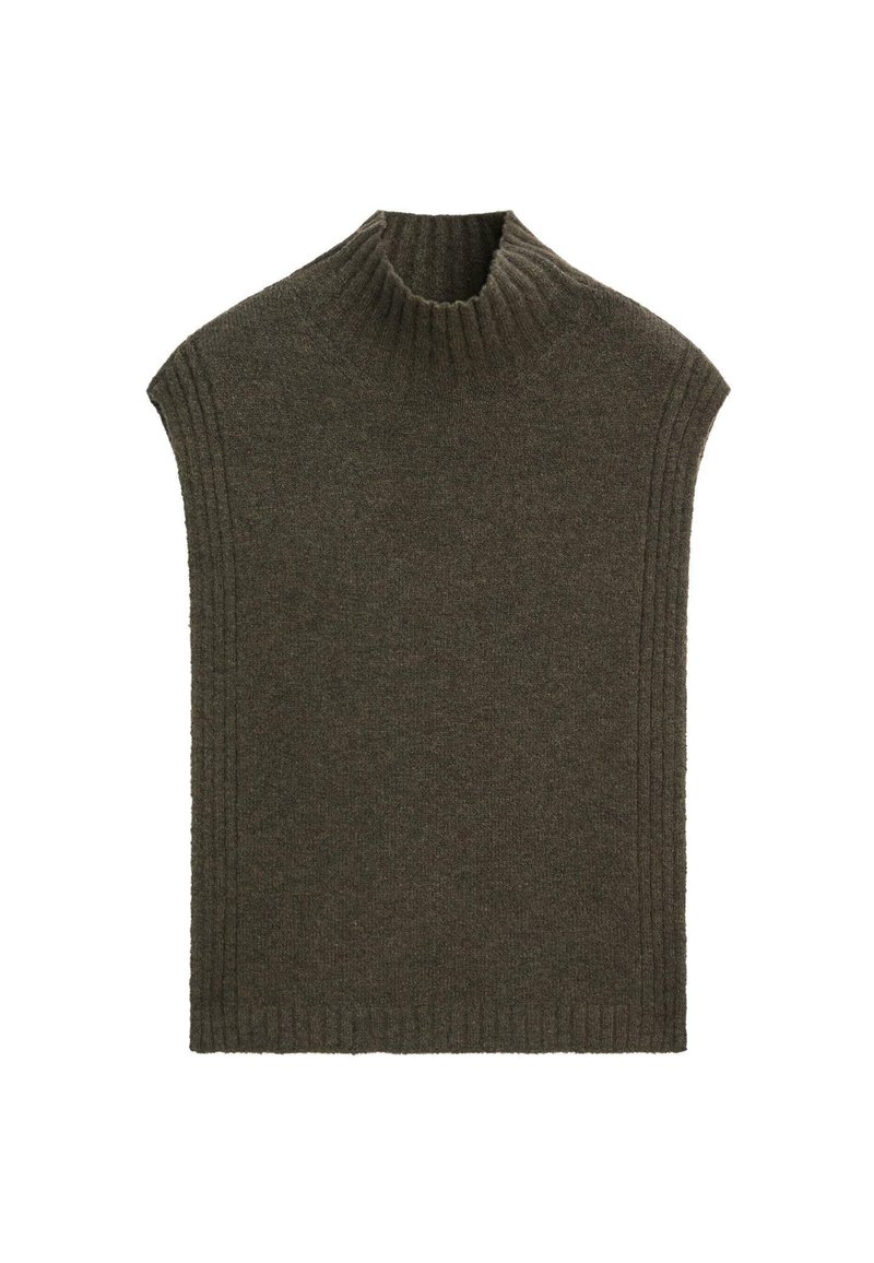 Canotta senza maniche in maglia a coste di un verde oliva scuro, con un alto colletto a camicia a coste.