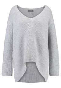 Ljust grå ribbad tröja med djup V-hals, långa ärmar och asymmetrisk nederkant, med en mjuk textur och avslappnad passform.