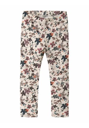 Lasten vaaleanbeiget legginssit, joissa on ruskeita, purppuranvärisiä, mustia ja oransseja sävyjä sisältävä kukkakuosi.