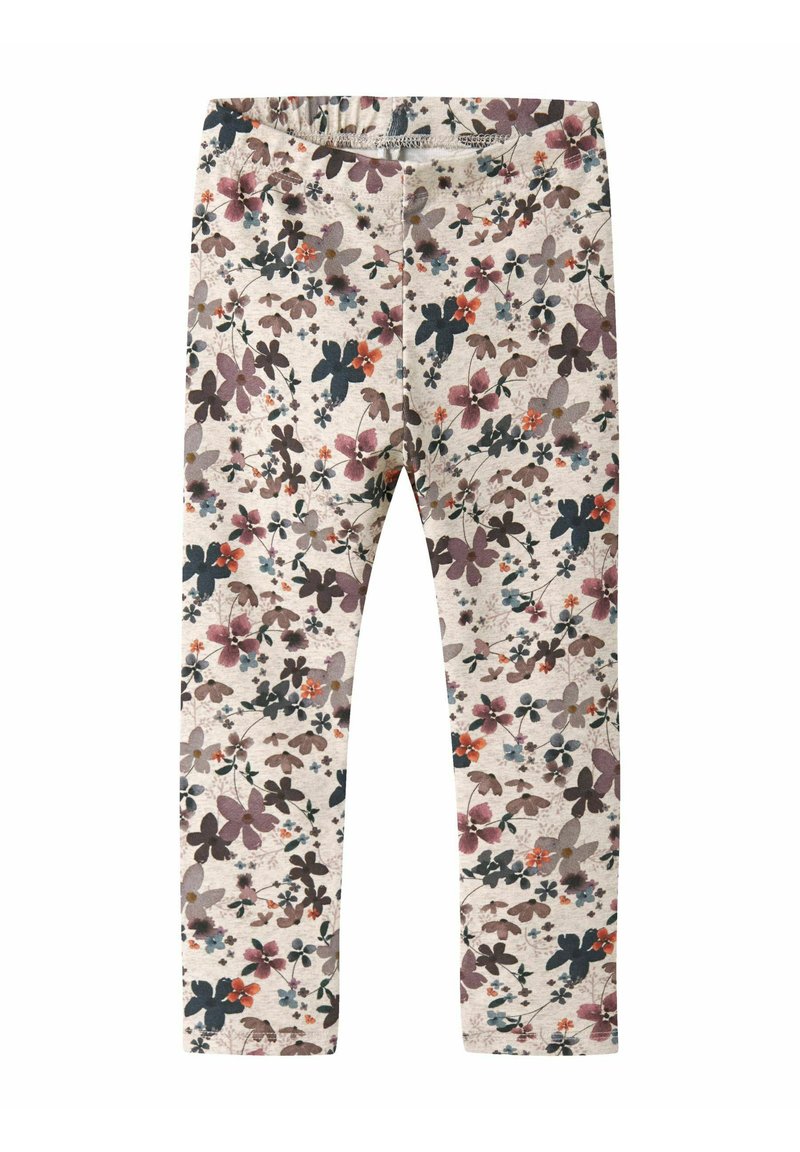 Leggings beige per bambini con motivo floreale su tutta la superficie in tonalità di marrone, viola, nero e arancione.