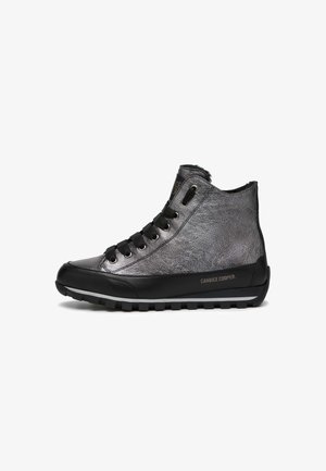High-top sneaker in metallic grey with black accents, textured leather upper, lace closure, and chunky rubber sole. Brand name on side.