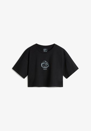 Schwarzes, kurzes T-Shirt aus Baumwolle mit einem blauen grafischen Umriss und Text auf der Vorderseite. Kurze Ärmel und eine lockere Passform.