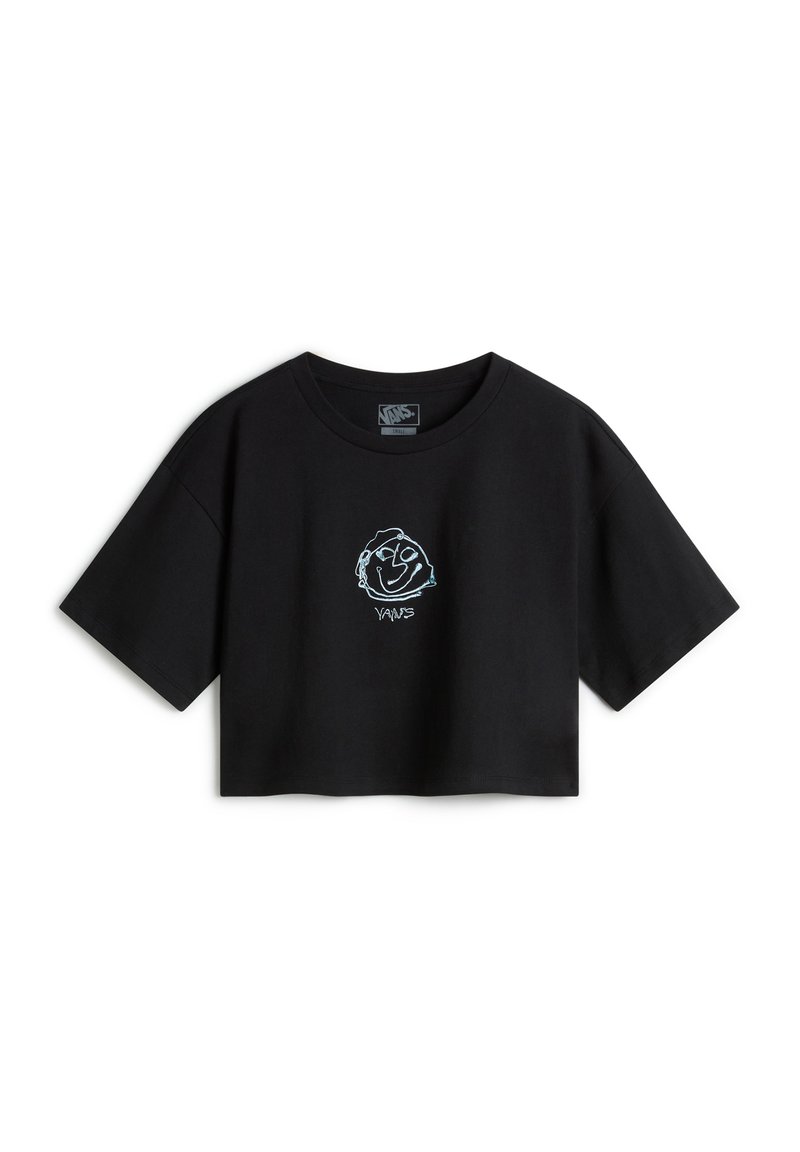 Sort cropped T-shirt lavet af bomuld, med en blå omridsgrafik og tekst på forsiden. Korte ærmer og en afslappet pasform.