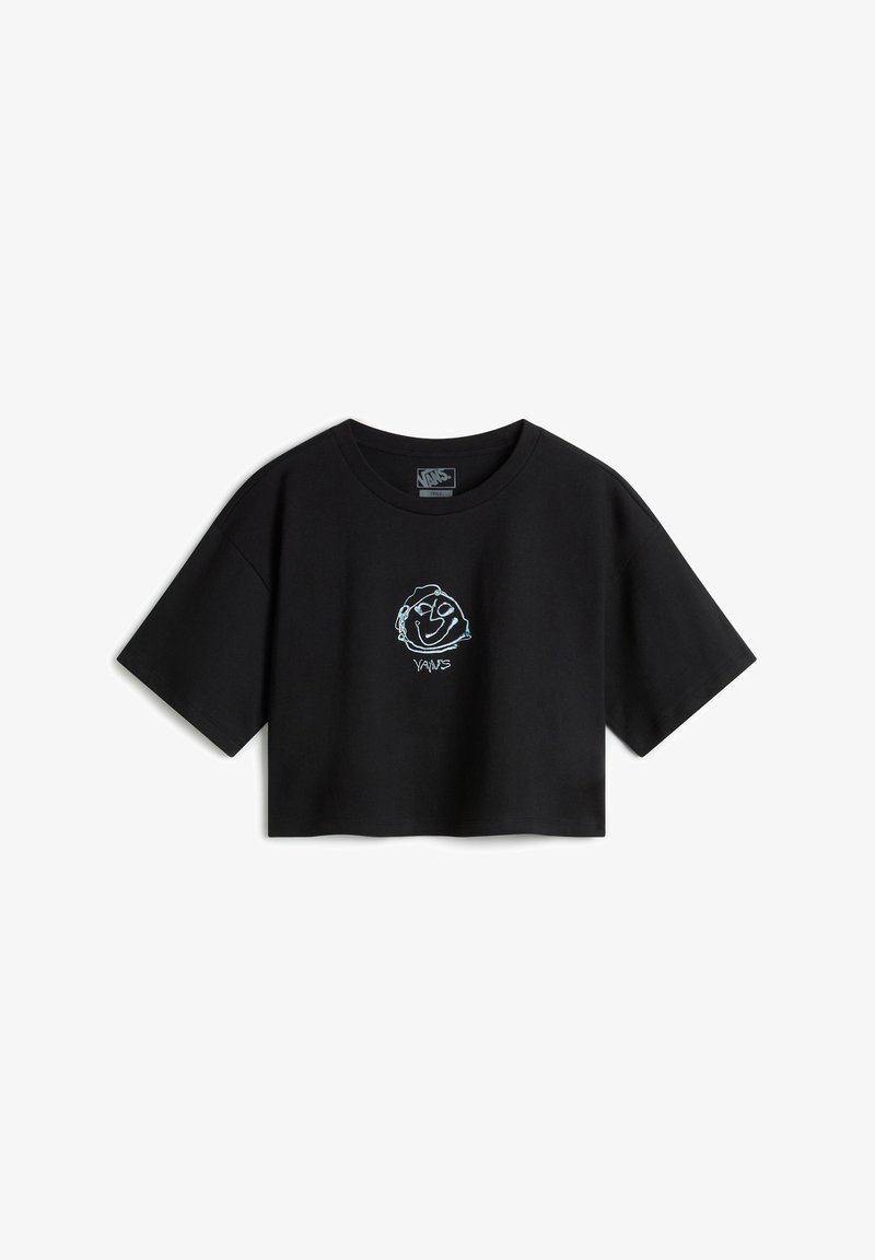 Camiseta recortada negra de algodón, con un gráfico y texto de contorno azul en la parte delantera. Manga corta y corte relajado.