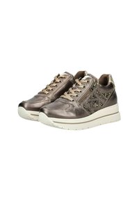 Metallic brune sneakers med beige snørebånd og teksturerede detaljer. Har en hvid sål og lynlåsdetaile på siden for nem brug.