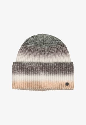 Kootud beanie volditud äärtega, millel on horisontaalsed triibud rohelises, pruunis, valges ja beežis ning väike ümmargune metalne logo äärel.