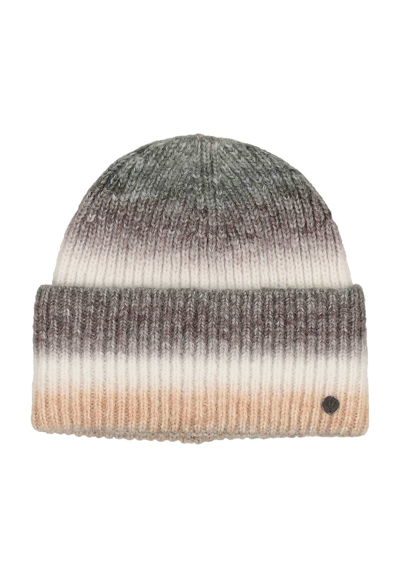 Kootud beanie volditud äärtega, millel on horisontaalsed triibud rohelises, pruunis, valges ja beežis ning väike ümmargune metalne logo äärel.