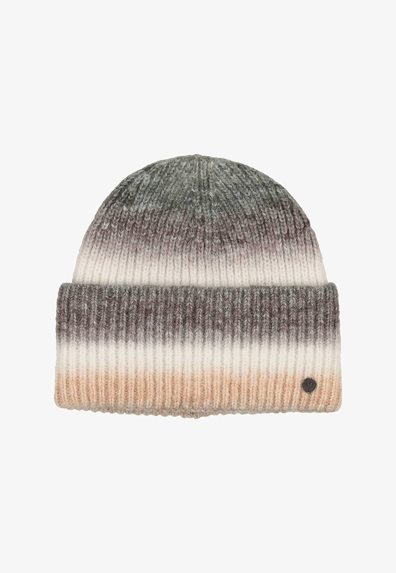 Berretto lavorato a maglia con risvolto, caratterizzato da strisce orizzontali nei colori verde, marrone, bianco e beige, e un piccolo logo metallico tondo sul risvolto.