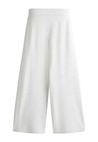 Pantalon en maille gris clair à jambes larges, taille élastique et coupe décontractée et courte.