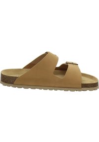 Tan leather slide sandal with two wide straps, cut-out details, natural cork midsole, and textured rubber outsole.