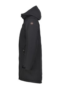 Cappotto invernale nero lungo con cappuccio, tasche con zip e cinturini regolabili sui polsi, mostrato di lato.