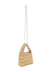 Woven beige leather handbag with a structured shape, short top handles, and a long chain strap. Features a smooth, textured finish.
