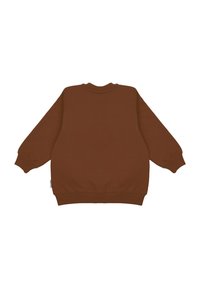 Brązowa bawełniana bluza z długimi rękawami, ściągaczami przy rękawach i dekolcie, o gładkiej fakturze i luźnym kroju.