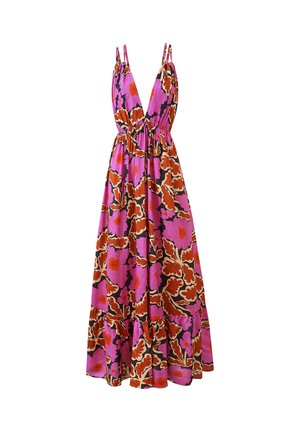 Robe longue sans manches avec un décolleté en V profond, bretelles ajustables, et un motif floral vibrant rose, marron et orange sur un tissu fluide.