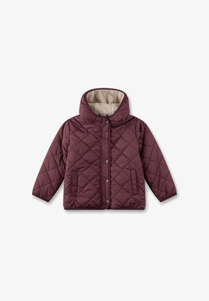 Gep quiltete, kastanienfarbene Jacke mit einer Kapuze aus Kunstpelz, Druckknöpfen, zwei Seitentaschen und strukturiertem Stoff.