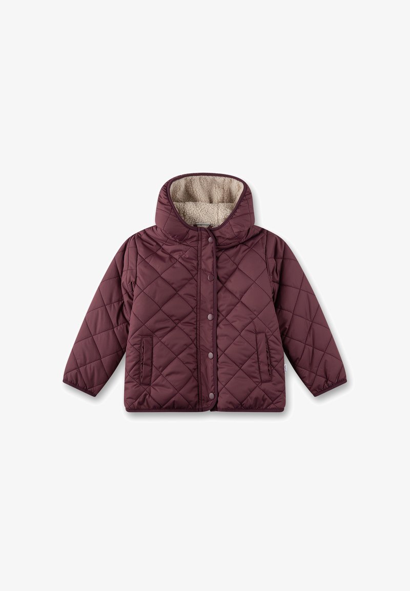 Gep quiltete, kastanienfarbene Jacke mit einer Kapuze aus Kunstpelz, Druckknöpfen, zwei Seitentaschen und strukturiertem Stoff.