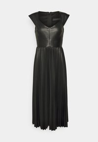 Robe plissée noire avec un corsage en cuir ajusté et des manches courtes, dotée d'un décolleté en V et d'une fermeture éclair dissimulée dans le dos.
