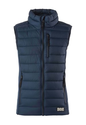 Gilet imbottito senza maniche blu navy con collo alto, cerniera frontale, due tasche laterali con cerniera e tasca sul petto con cerniera.