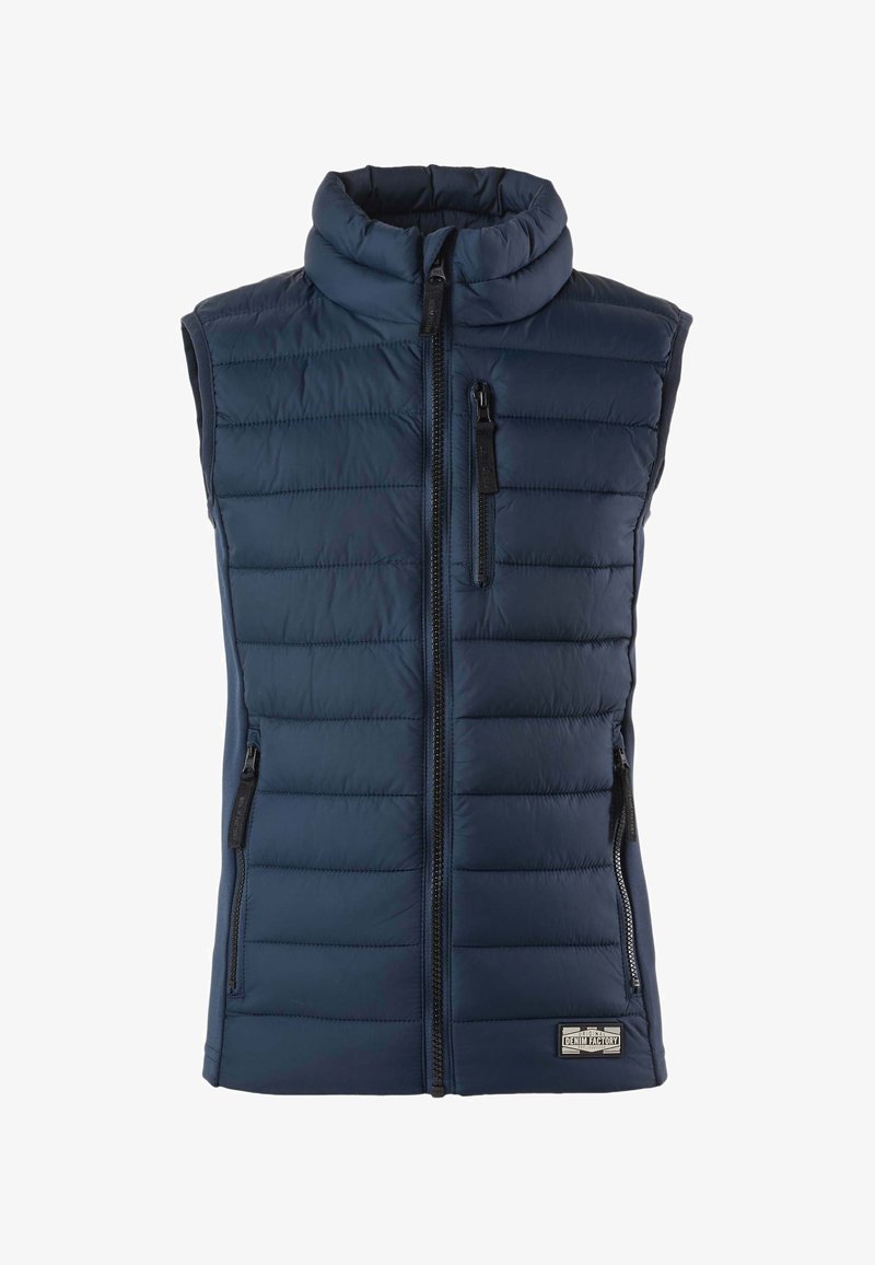 Tmavomodrá prešívaná vesta bez rukávov s vysokým golierom, predným zipsom, dvoma bočnými vreckami na zips a jedným vreckom na zips na hrudi.