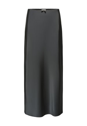 Jupe midi en satin noir avec une texture lisse, un design en A et un délicat nœud à la taille.