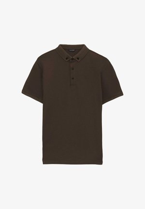 Koszulka polo z krótkim rękawem w ciemnym brązie, wykonana z bawełny. Posiada teksturowany kołnierz, zapięcie na trzy guziki oraz małe logo na klatce piersiowej.