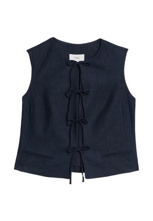 Sleeveless dark navy top with a lace-up front, made from textured fabric, featuring two side pockets and a straight hem.