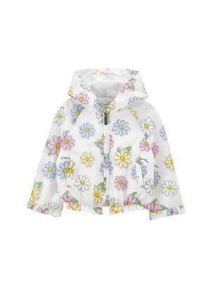 Hvid børnejakke med hætte, dekoreret med margueritblomster i pastelrosa, blå, gul og hvid samt lynlås foran.