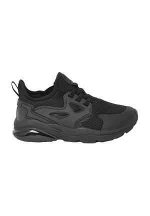 Chaussures de sport noires avec un dessus en mesh, une semelle en caoutchouc texturée et un col rembourré. Comprend des lacets et une languette pour un enfilage facile.