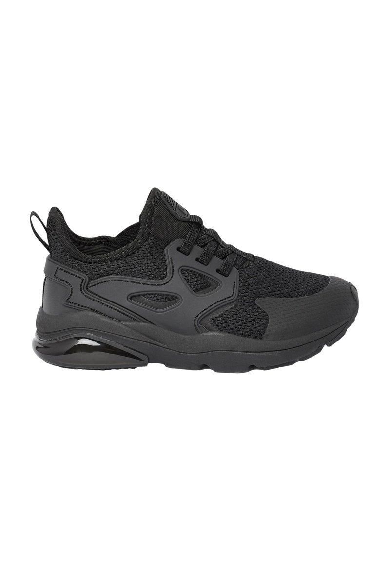 Chaussures de sport noires avec un dessus en mesh, une semelle en caoutchouc texturée et un col rembourré. Comprend des lacets et une languette pour un enfilage facile.