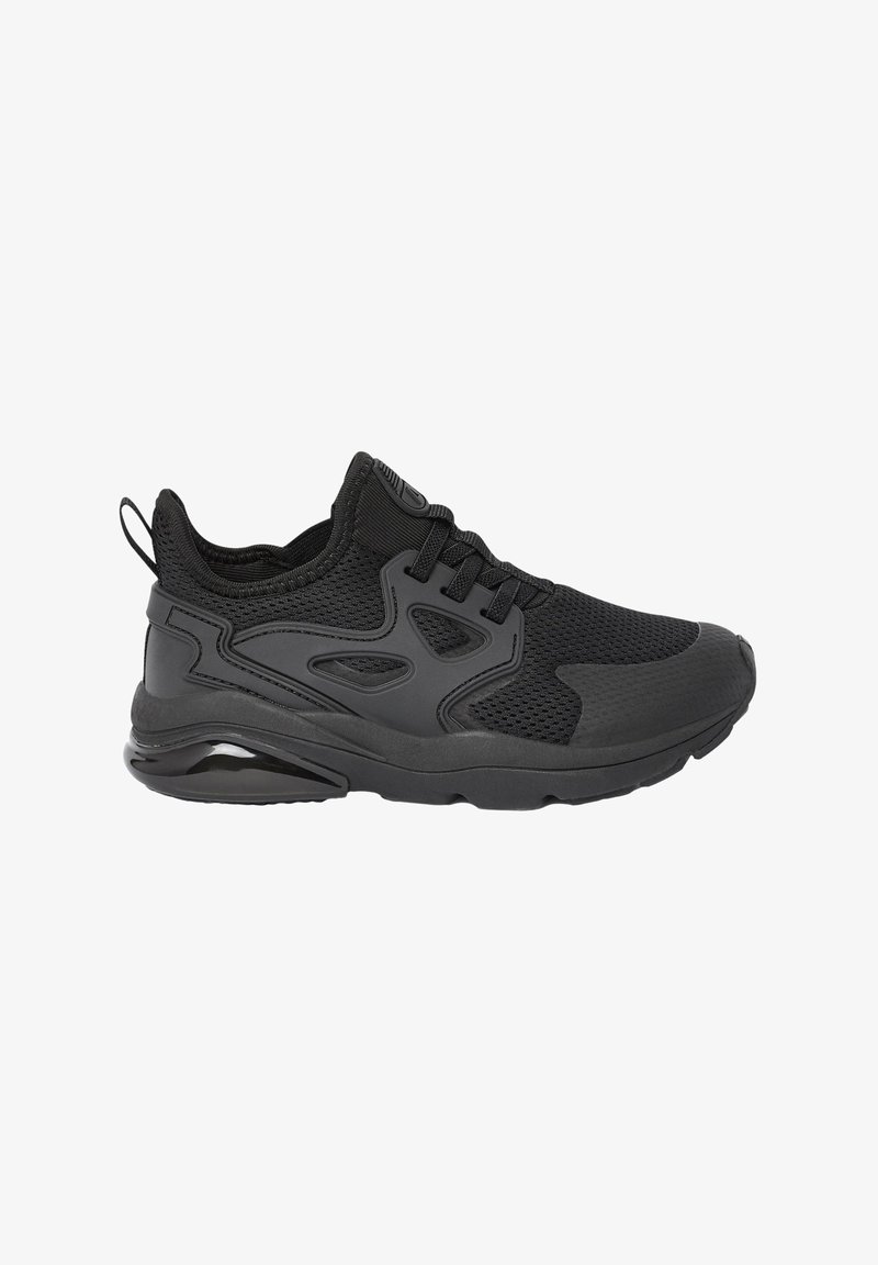 Black athletic shoes featuring a mesh upper, textured rubber sole, and padded collar. Includes laces and a pull tab for easy wear.