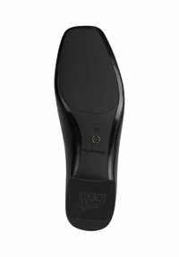 Suola di scarpa nera con finitura liscia e un motivo di presa testurizzato. Presenta un accent metallico circolare e un logo del marchio in rilievo. Taglia 37.
