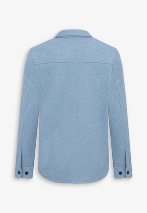 Blazer in lana azzurro chiaro con colletto, maniche lunghe e polsini con bottoni. Tessuto texturizzato con una finitura liscia e schiena dritta.