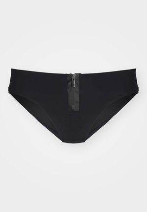 Svart bikini-bunn med glidelås foran, glatt stoff med en lys glans og strukturert trekantet form.