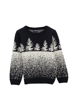 Pull tricoté noir et blanc avec un motif en dégradé de pixels et des silhouettes d’arbres blanches sur la poitrine et les manches.