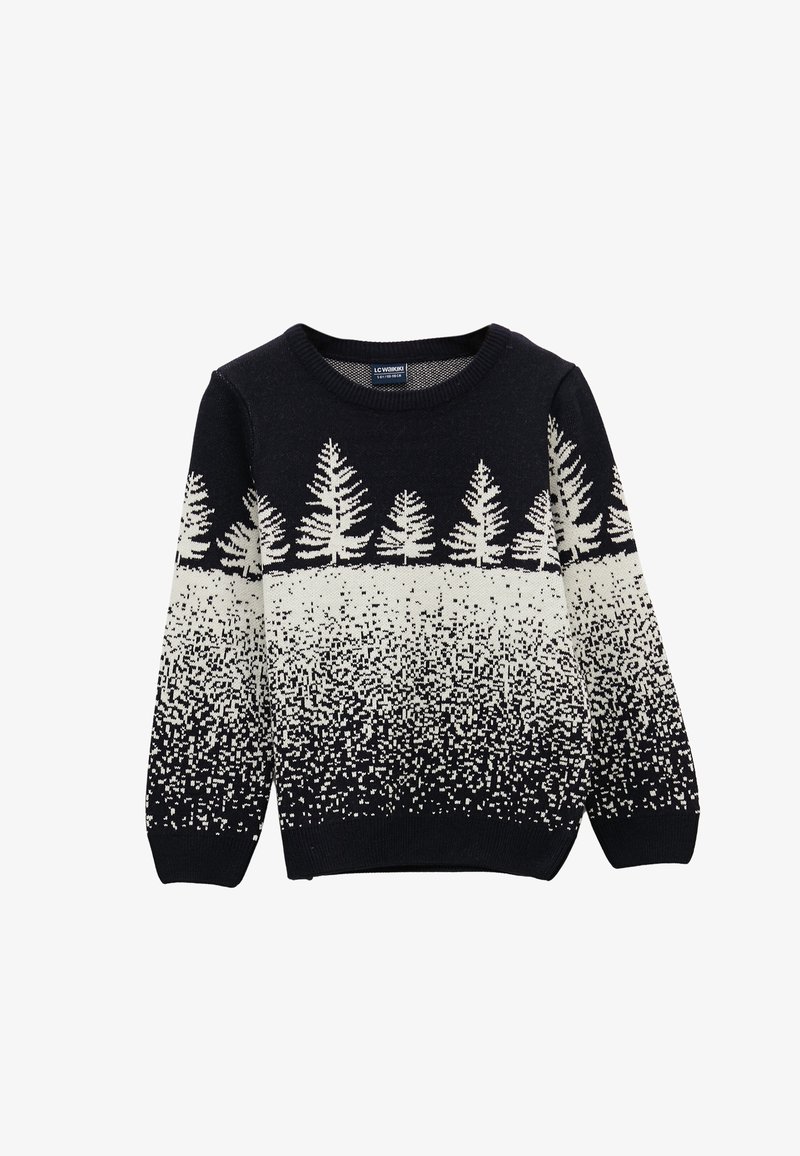 Pull tricoté noir et blanc avec un motif en dégradé de pixels et des silhouettes d’arbres blanches sur la poitrine et les manches.