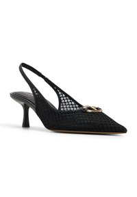 Černé síťované slingback podpatky s špičatou špičkou, zlatými akcentními detaily a 5cm stiletto podpatkem. Texturovaný povrch s vzorem včelí plástve.