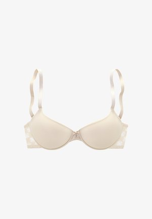Hellbeige gepolsterter BH mit Spitzenakzenten an den Seiten, dünnen verstellbaren Trägern und einem dekorativen Verschluss in der Mitte vorne.