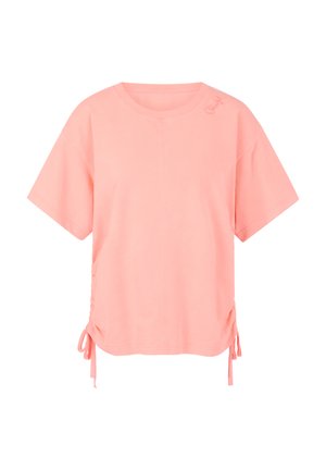 Weiches, rosa T-Shirt mit kurzen Ärmeln, Rundhalsausschnitt und verstellbaren seitlichen Bändern für geraffte Details, unifarbene Vorderseite mit dezentem Logo nahe am Halsausschnitt.