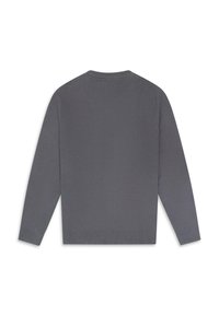 Grauer Strickpullover mit geripptem Rundhalsausschnitt und langen Ärmeln, mit glatter Textur und minimalistischem Design. Rückansicht präsentiert.