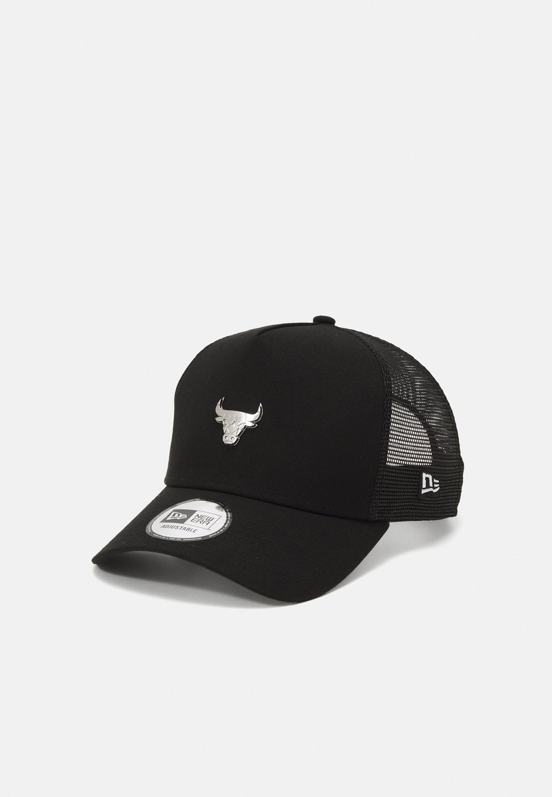 Black cap with a structured front, mesh sides, and a silver bull logo on the front. Features an adjustable strap and curved brim.