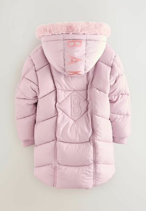 Giacca a vento rosa con cappuccio bordato in pelliccia, design trapuntato e dettagli con logo. Presenta una toppa a diamante e polsini a coste.