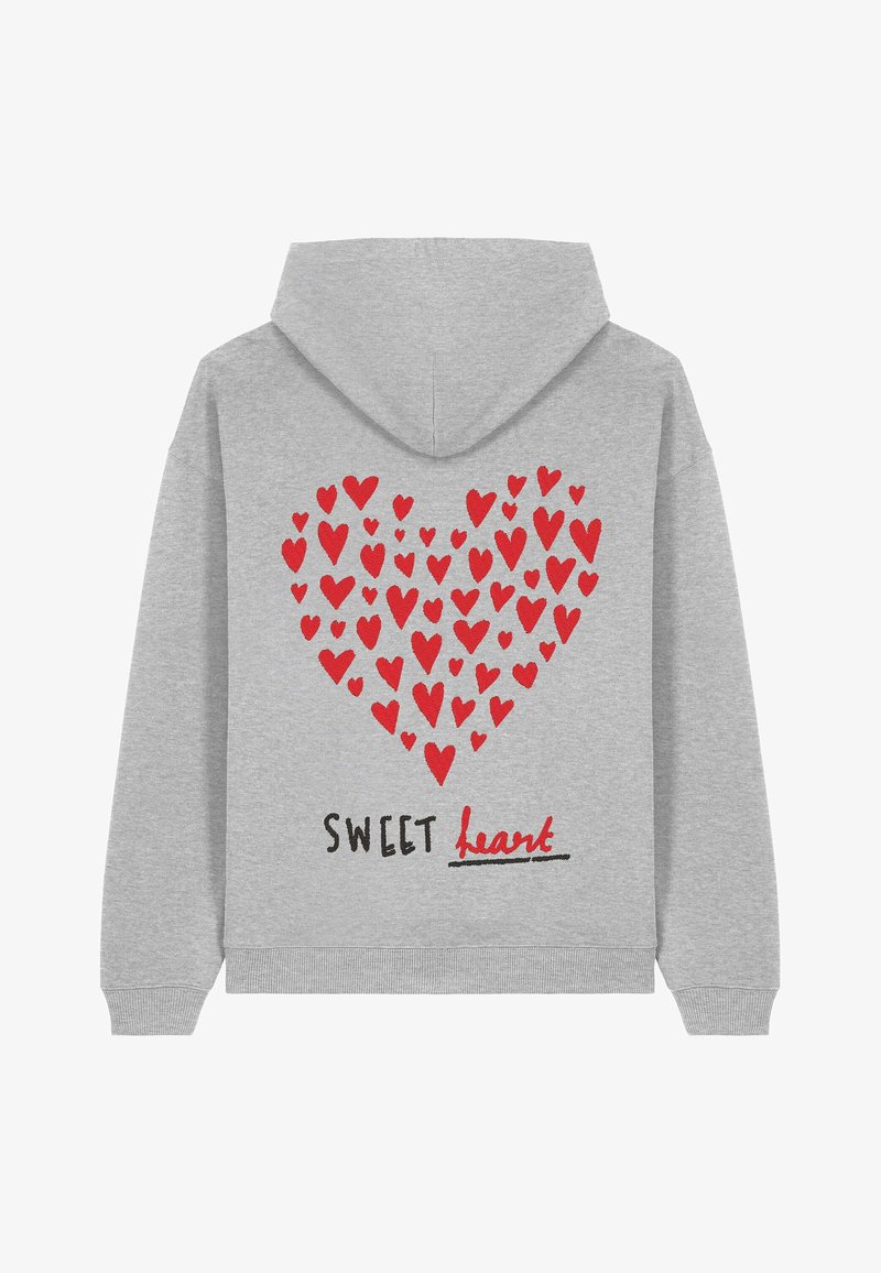 Felpa grigia con un grande design a forma di cuore composto da cuori rossi sul retro, con il testo "SWEET heart" sottostante in nero.