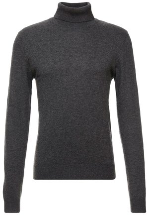 Pull à col roulé gris foncé en tissu doux, doté de longues manches et d'un design ajusté. Accents de col et d'ourlet côtelés.